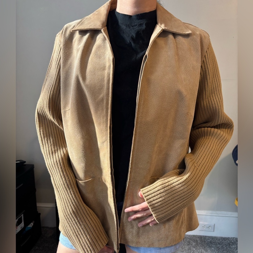 Vintage AMI Preppy Suede Leather Tan Zip Up Jacket Cotton sleeves Large - XL